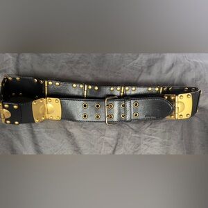 Miu Miu Black Leather Belt with Gold Studs and Buckle